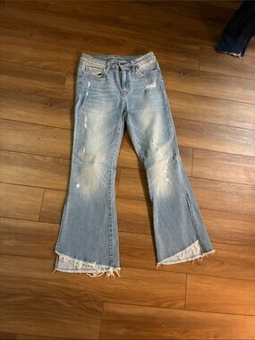 Flying Monkey Washed Light Blue Frayed Hem Flare Jeans
